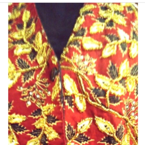 Vintage 1980s Ellen Ashley Womens Vest S Black Red Gold Beaded Floral - Picture 3 of 4